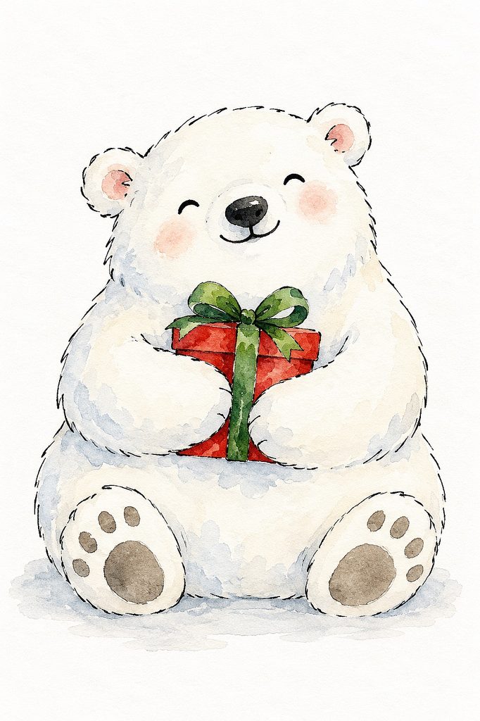 Adorable watercolor polar bear holding a wrapped Christmas present with a green bow.