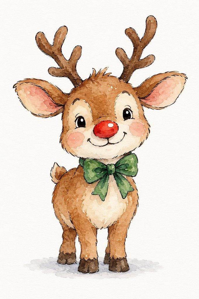 Adorable watercolor reindeer with red nose and green bow for Christmas cards.