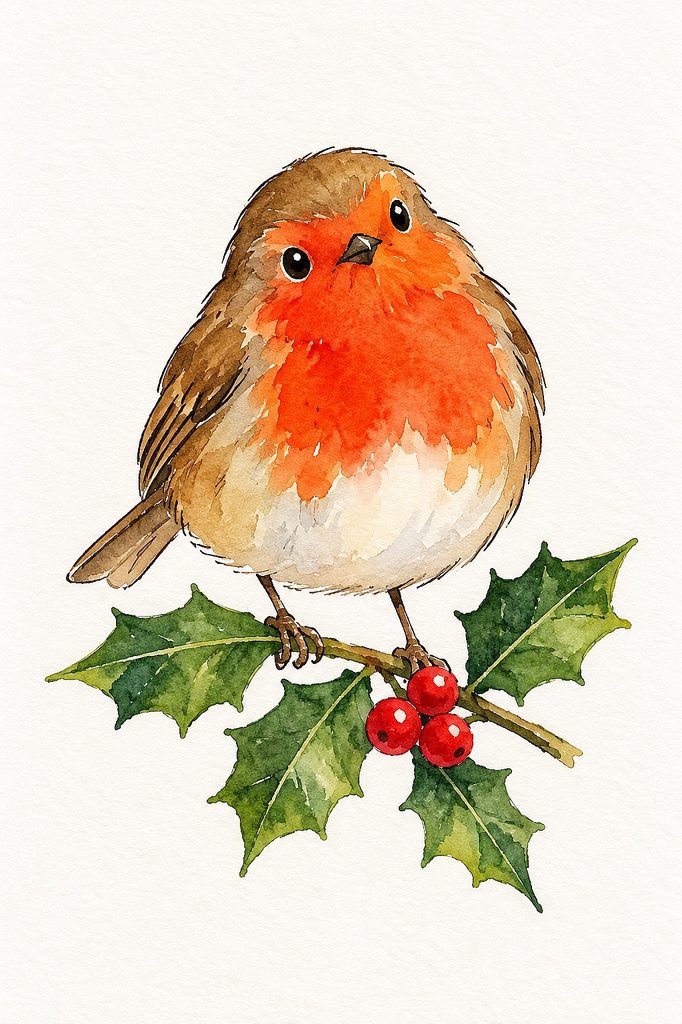 Cute watercolor robin bird perched on holly with red berries for Christmas cards.